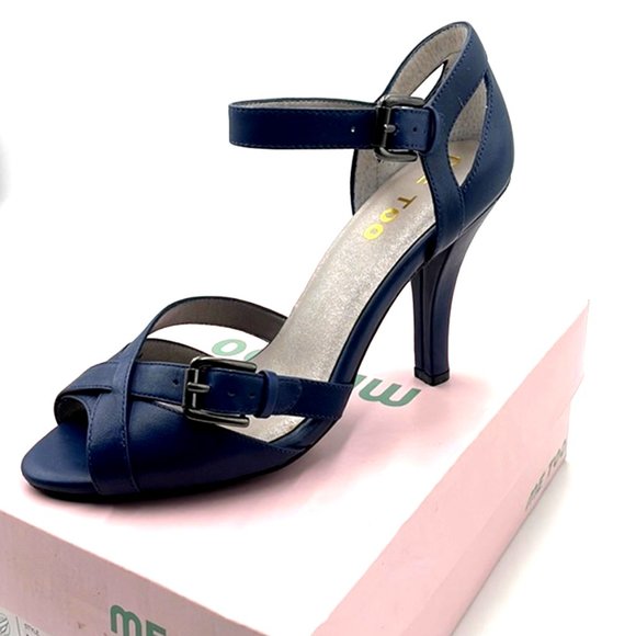 me too Shoes - ME TOO Soft Vacchetta Blue Denim Color Leather Buckle Peep Toe Sandal Heel